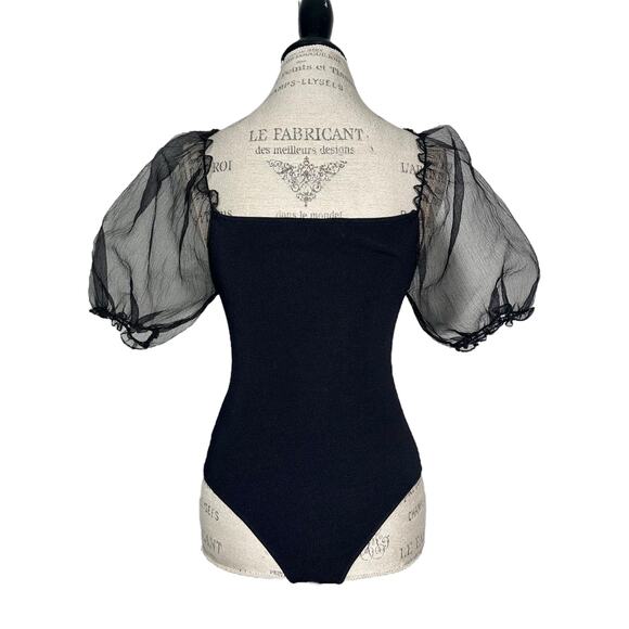 ASTR The Label | Women | Darling Solid Black Sheer Puff Sleeve Bodysuit | Medium - Picture 3 of 13